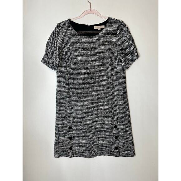 Loft Womens Size 12 Dress Tweed short sleeve Puffed Black Ivory Academia Style - Picture 10 of 10